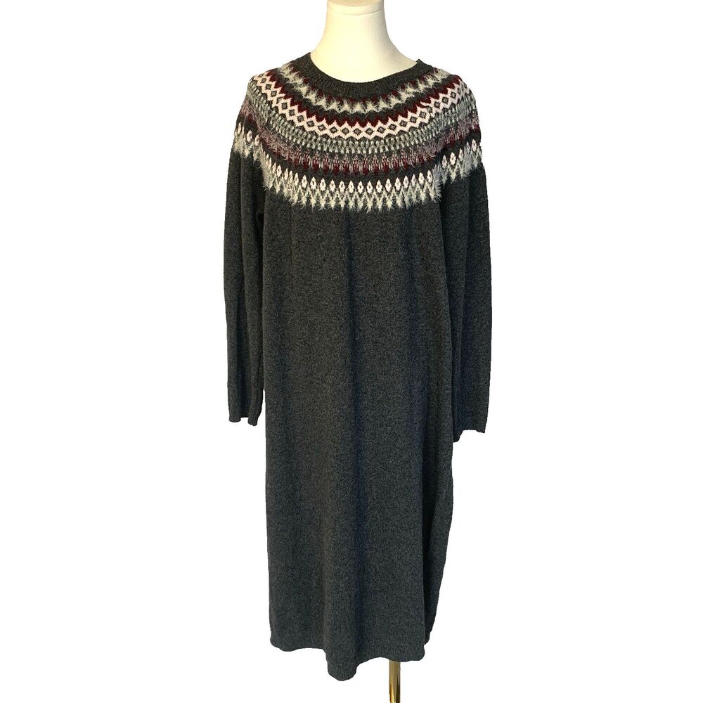 J. Jill Charcoal Gray Fair Isle Yoke Midi Sweater Dress